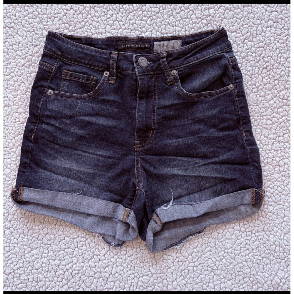 Aeropostale High Waisted Midi Denim Shorts Dark Wash Cuffed Size 4